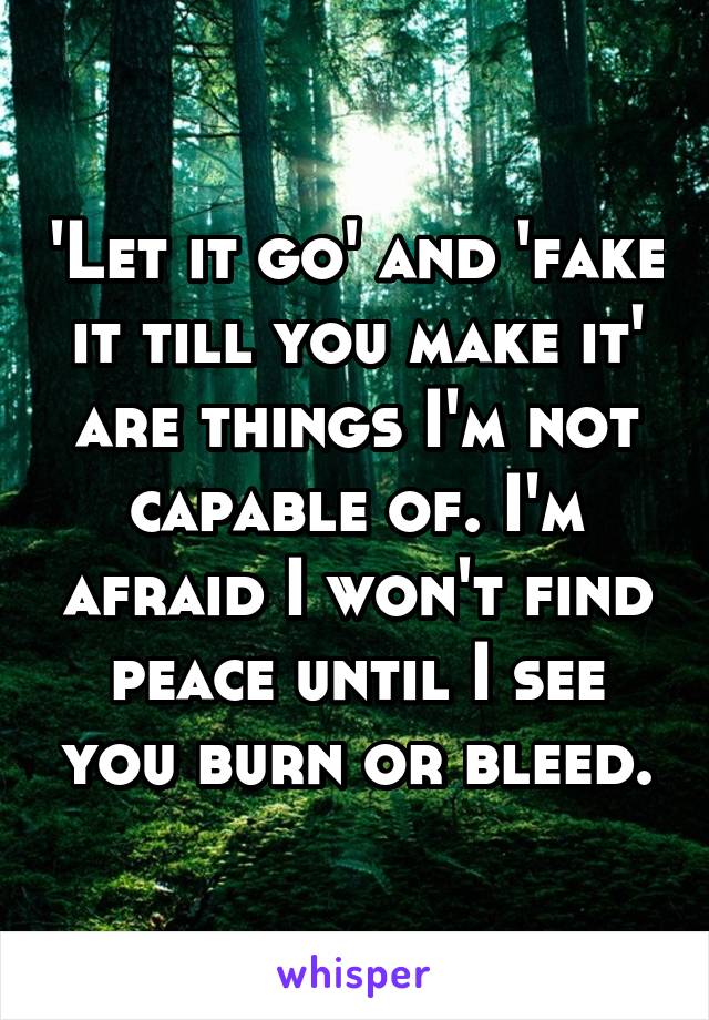 'Let it go' and 'fake it till you make it' are things I'm not capable of. I'm afraid I won't find peace until I see you burn or bleed.