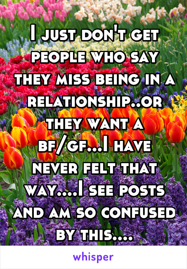 I just don't get people who say they miss being in a relationship..or they want a bf/gf...I have never felt that way....I see posts and am so confused by this....