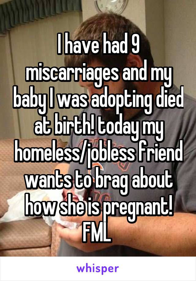 I have had 9 miscarriages and my baby I was adopting died at birth! today my homeless/jobless friend wants to brag about how she is pregnant! FML 