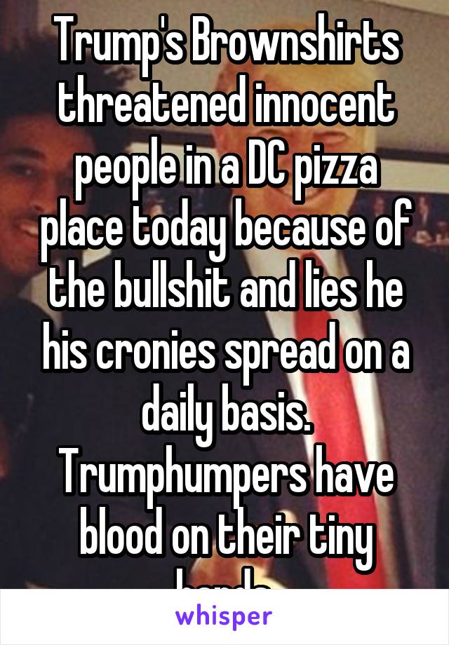 Trump's Brownshirts threatened innocent people in a DC pizza place today because of the bullshit and lies he his cronies spread on a daily basis. Trumphumpers have blood on their tiny hands.