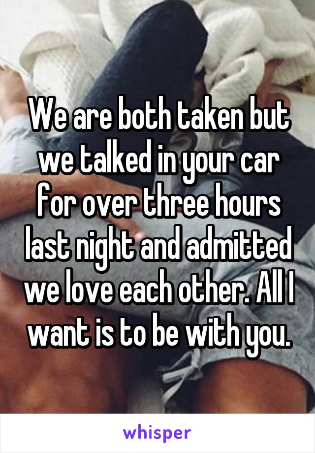 We are both taken but we talked in your car for over three hours last night and admitted we love each other. All I want is to be with you.