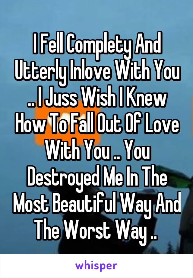 I Fell Complety And Utterly Inlove With You .. I Juss Wish I Knew How To Fall Out Of Love With You .. You Destroyed Me In The Most Beautiful Way And The Worst Way .. 