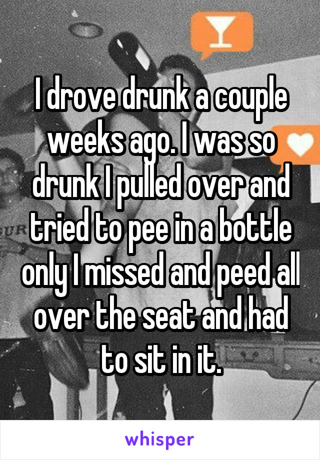 I drove drunk a couple weeks ago. I was so drunk I pulled over and tried to pee in a bottle only I missed and peed all over the seat and had to sit in it.