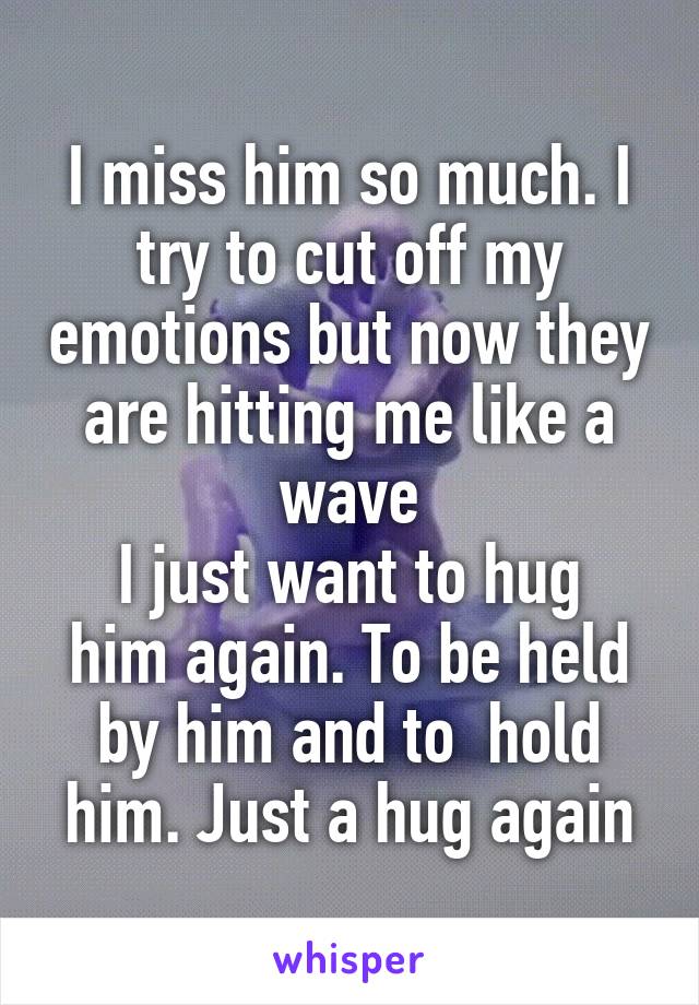 I miss him so much. I try to cut off my emotions but now they are hitting me like a wave
I just want to hug him again. To be held by him and to  hold him. Just a hug again