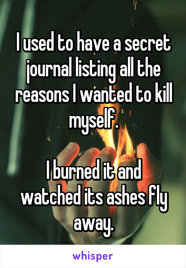 I used to have a secret journal listing all the reasons I wanted to kill myself.

I burned it and watched its ashes fly away.