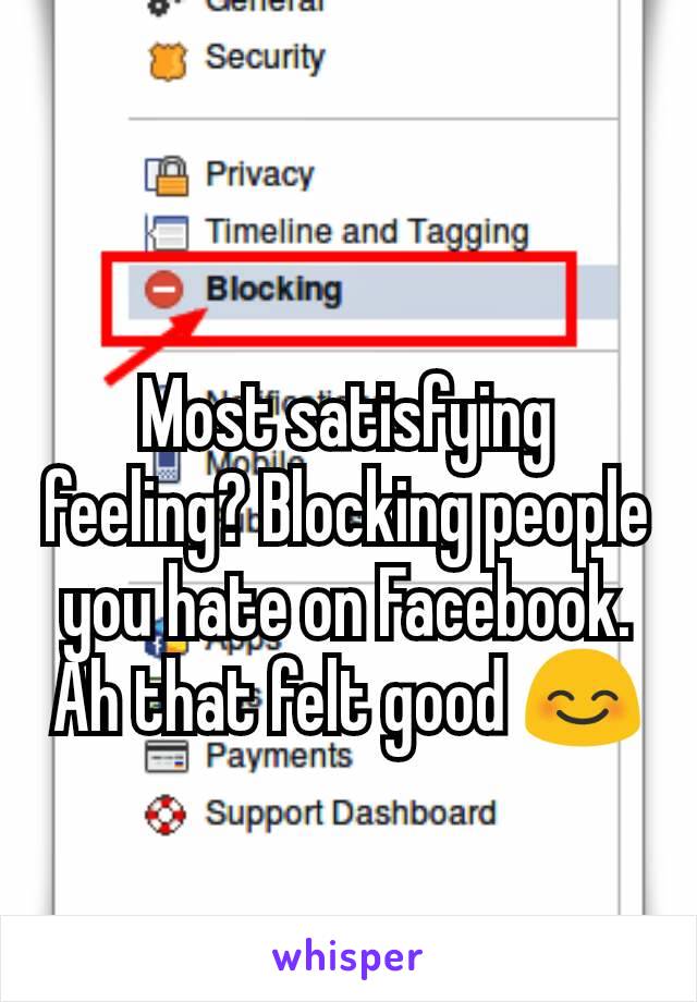 Most satisfying feeling? Blocking people you hate on Facebook. Ah that felt good 😊