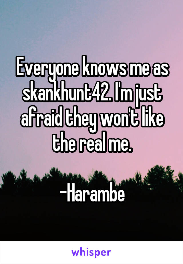 Everyone knows me as skankhunt42. I'm just afraid they won't like the real me.

-Harambe