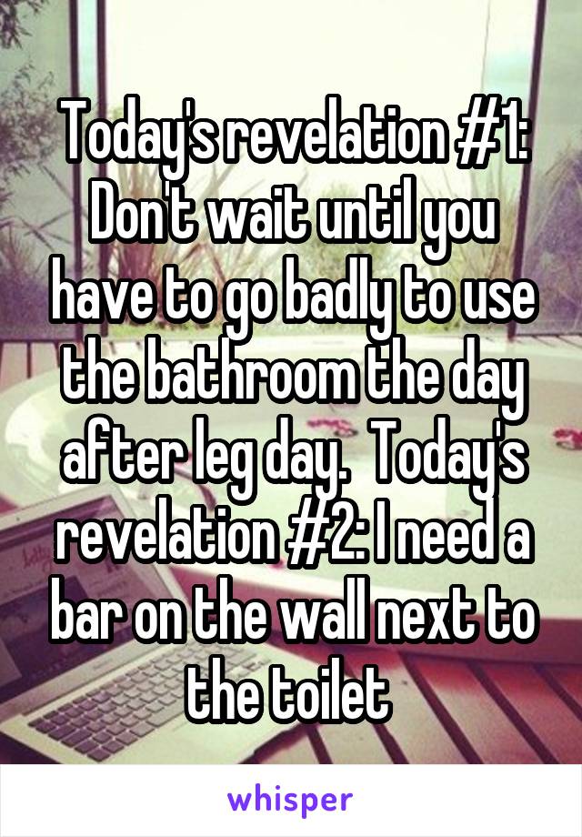 Today's revelation #1: Don't wait until you have to go badly to use the bathroom the day after leg day.  Today's revelation #2: I need a bar on the wall next to the toilet 