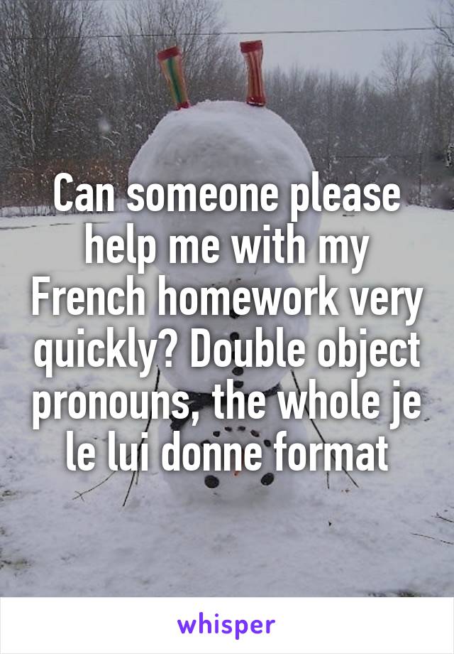 Can someone please help me with my French homework very quickly? Double object pronouns, the whole je le lui donne format