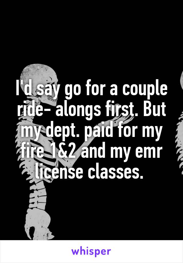 I'd say go for a couple ride- alongs first. But my dept. paid for my fire 1&2 and my emr license classes. 