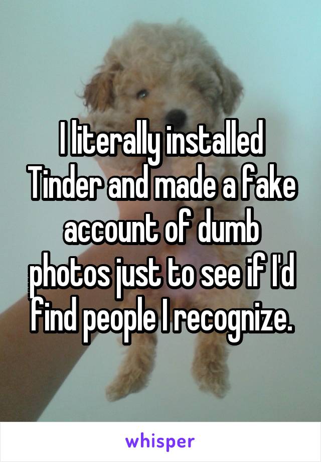 I literally installed Tinder and made a fake account of dumb photos just to see if I'd find people I recognize.