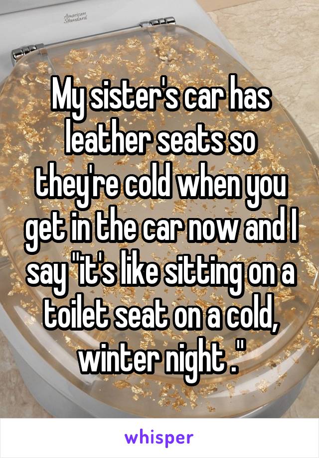 My sister's car has leather seats so they're cold when you get in the car now and I say "it's like sitting on a toilet seat on a cold, winter night ."