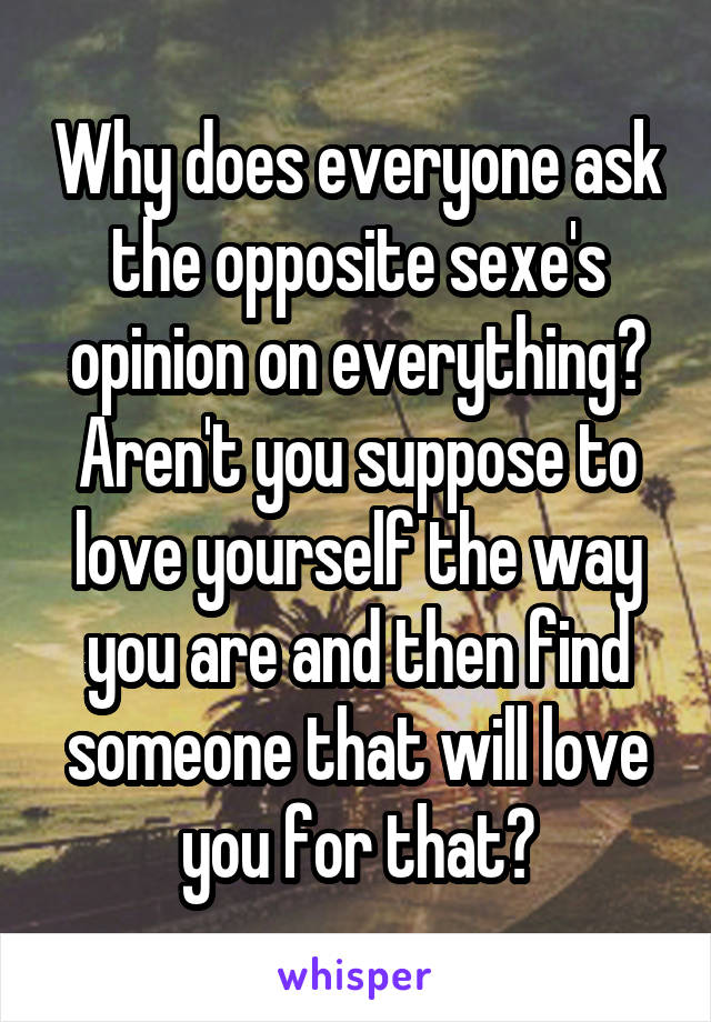 Why does everyone ask the opposite sexe's opinion on everything? Aren't you suppose to love yourself the way you are and then find someone that will love you for that?