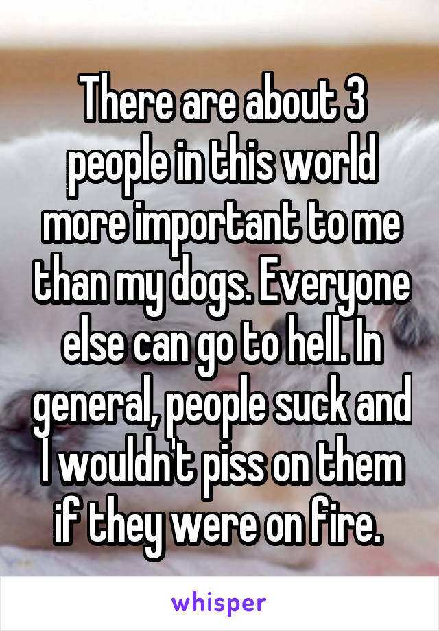 There are about 3 people in this world more important to me than my dogs. Everyone else can go to hell. In general, people suck and I wouldn't piss on them if they were on fire. 