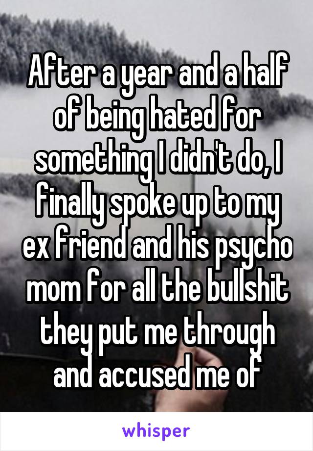 After a year and a half of being hated for something I didn't do, I finally spoke up to my ex friend and his psycho mom for all the bullshit they put me through and accused me of