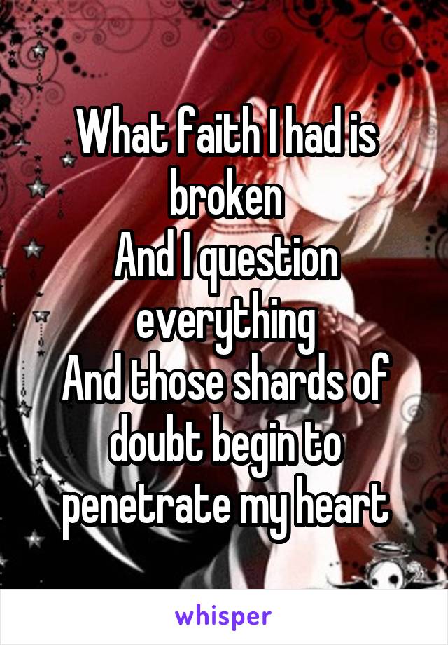 What faith I had is broken
And I question everything
And those shards of doubt begin to penetrate my heart