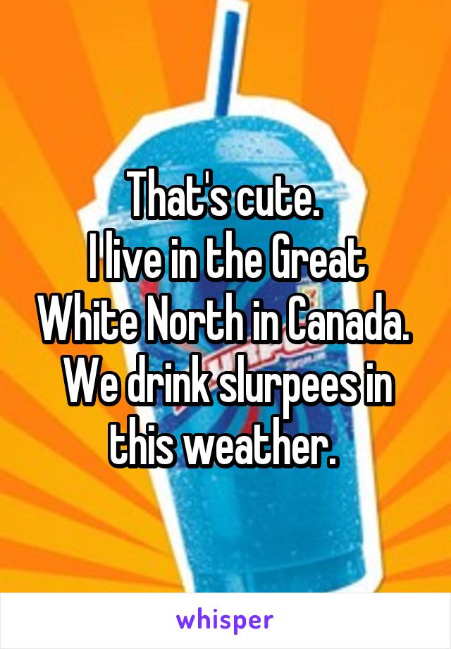 That's cute. 
I live in the Great White North in Canada. 
We drink slurpees in this weather. 