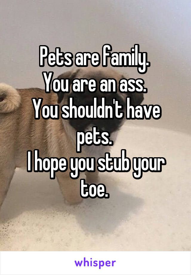 Pets are family. 
You are an ass. 
You shouldn't have pets. 
I hope you stub your toe. 
