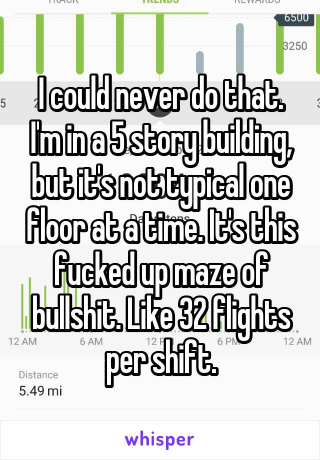 I could never do that. I'm in a 5 story building, but it's not typical one floor at a time. It's this fucked up maze of bullshit. Like 32 flights per shift.