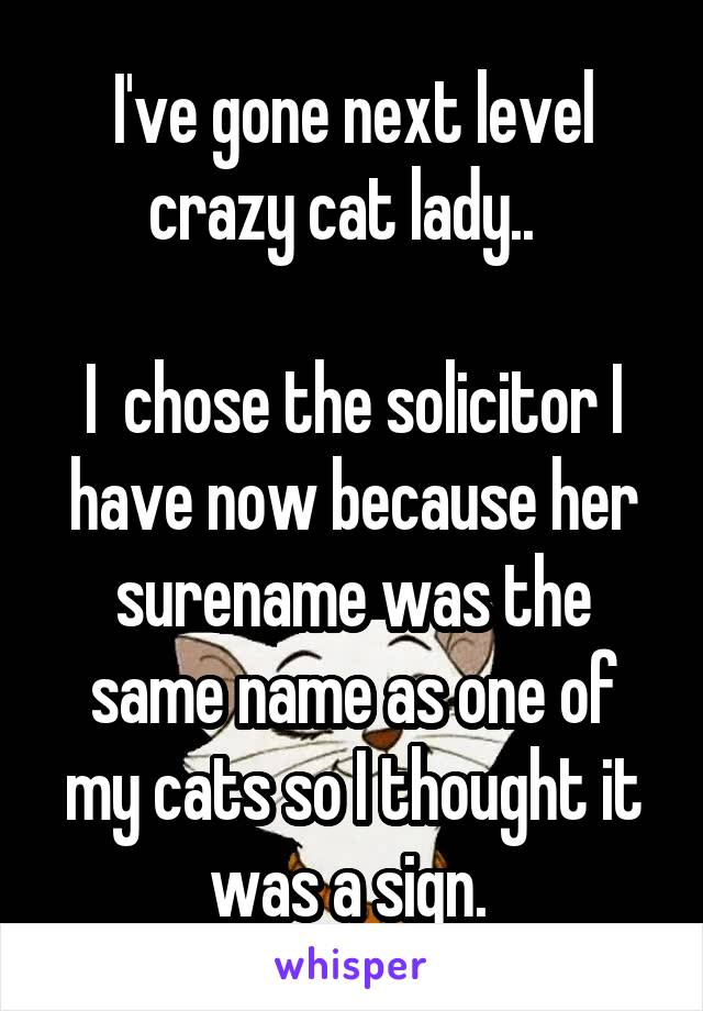 I've gone next level crazy cat lady..  

I  chose the solicitor I have now because her surename was the same name as one of my cats so I thought it was a sign. 