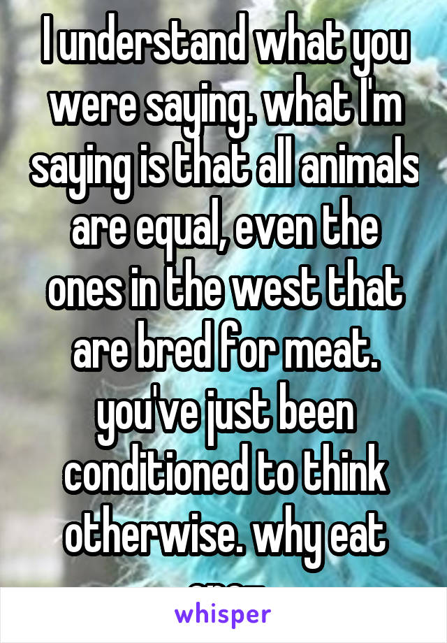 I understand what you were saying. what I'm saying is that all animals are equal, even the ones in the west that are bred for meat. you've just been conditioned to think otherwise. why eat one-