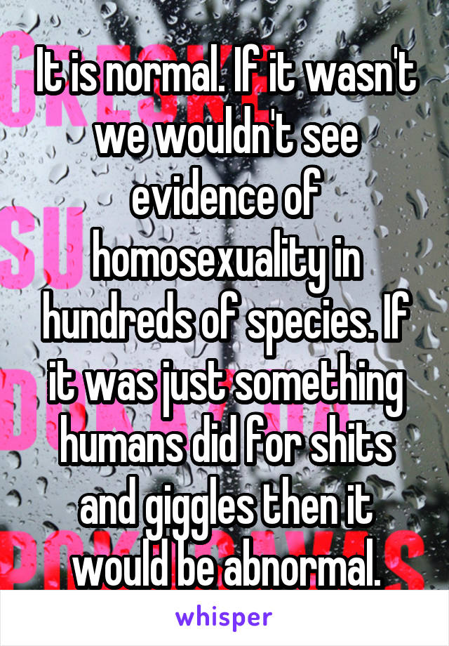 It is normal. If it wasn't we wouldn't see evidence of homosexuality in hundreds of species. If it was just something humans did for shits and giggles then it would be abnormal.