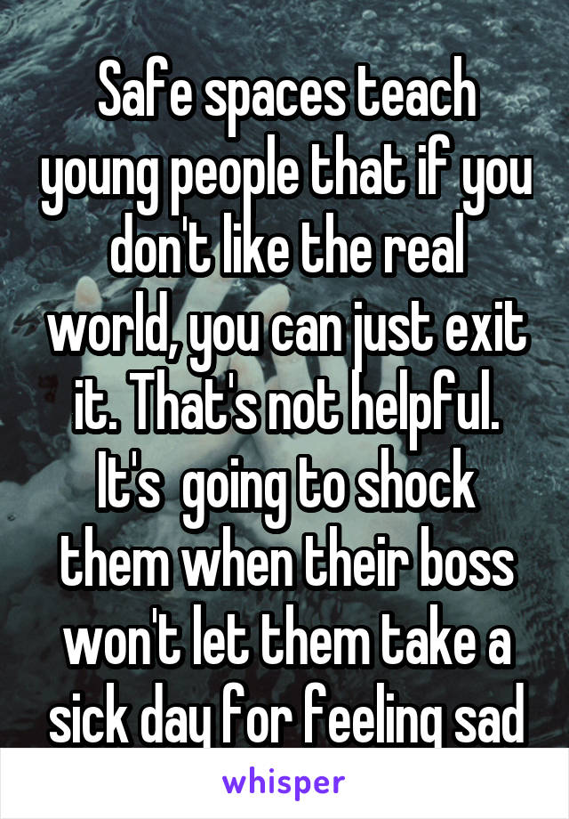 Safe spaces teach young people that if you don't like the real world, you can just exit it. That's not helpful. It's  going to shock them when their boss won't let them take a sick day for feeling sad