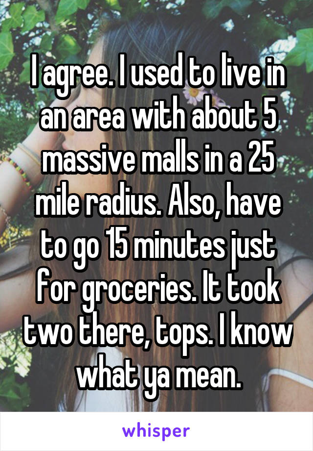 I agree. I used to live in an area with about 5 massive malls in a 25 mile radius. Also, have to go 15 minutes just for groceries. It took two there, tops. I know what ya mean.