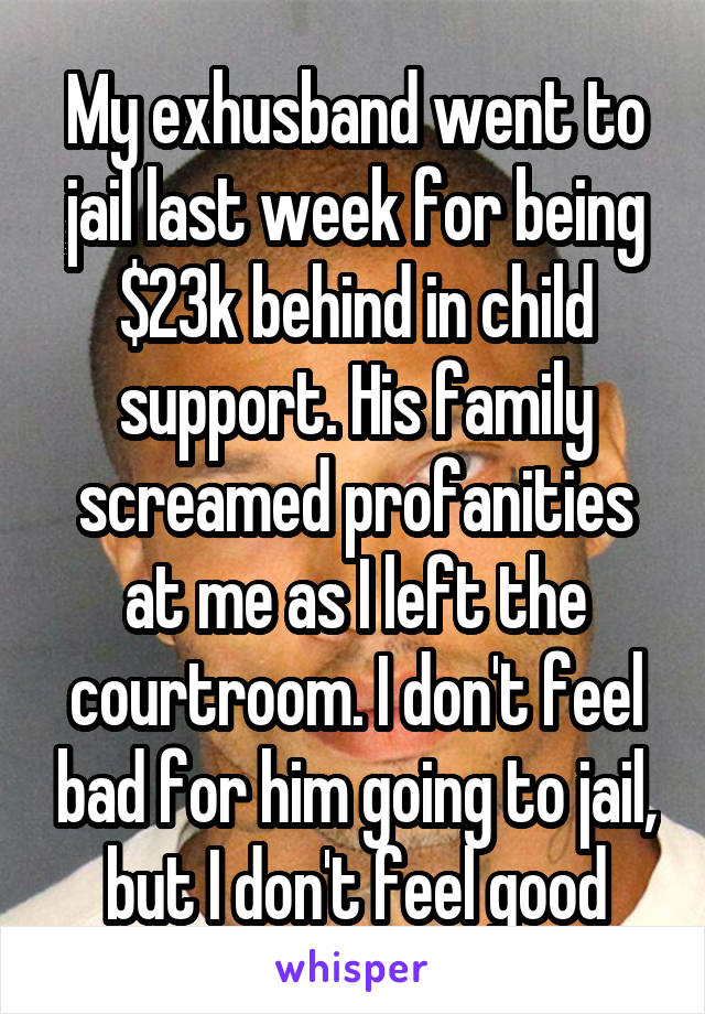 My exhusband went to jail last week for being $23k behind in child support. His family screamed profanities at me as I left the courtroom. I don't feel bad for him going to jail, but I don't feel good