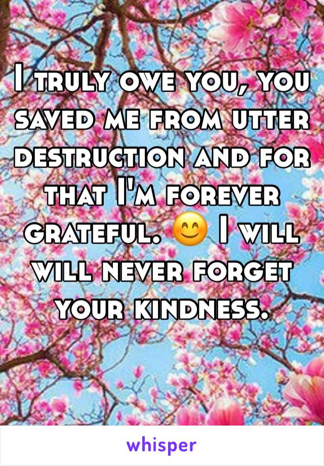 I truly owe you, you saved me from utter destruction and for that I'm forever grateful. 😊 I will will never forget your kindness. 