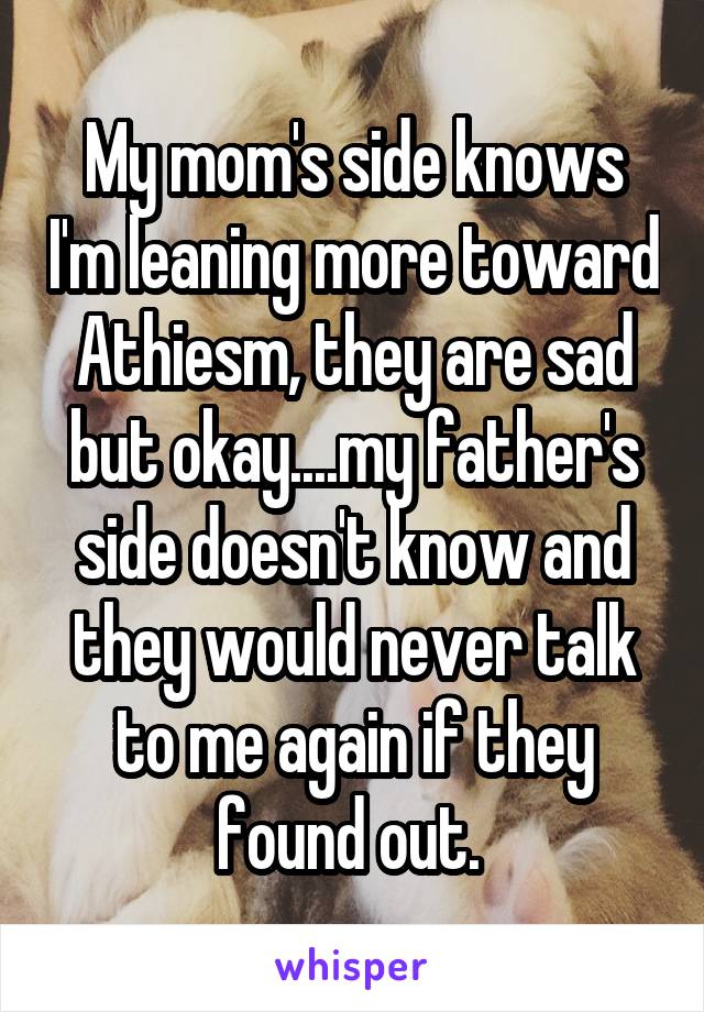 My mom's side knows I'm leaning more toward Athiesm, they are sad but okay....my father's side doesn't know and they would never talk to me again if they found out. 