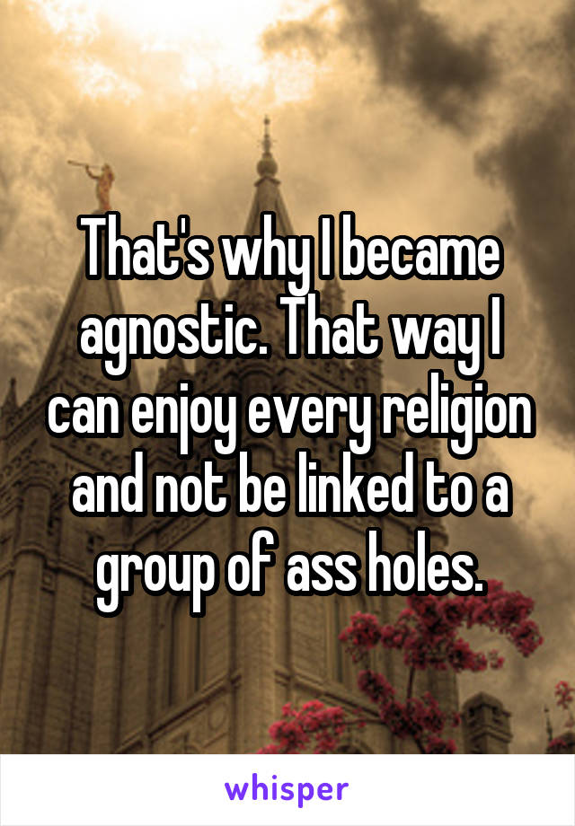 That's why I became agnostic. That way I can enjoy every religion and not be linked to a group of ass holes.