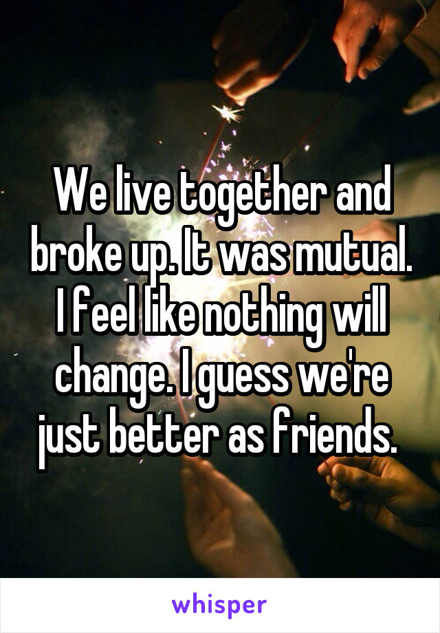 We live together and broke up. It was mutual. I feel like nothing will change. I guess we're just better as friends. 