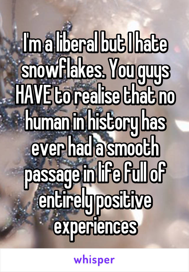 I'm a liberal but I hate snowflakes. You guys HAVE to realise that no human in history has ever had a smooth passage in life full of entirely positive experiences