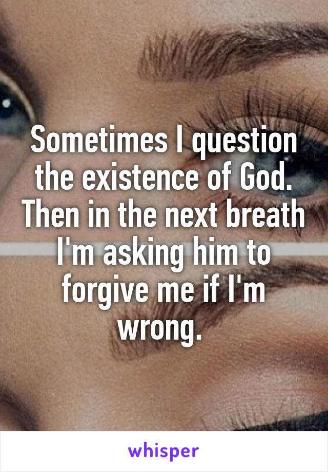 Sometimes I question the existence of God. Then in the next breath I'm asking him to forgive me if I'm wrong. 