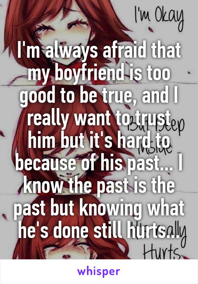 I'm always afraid that my boyfriend is too good to be true, and I really want to trust him but it's hard to because of his past... I know the past is the past but knowing what he's done still hurts...