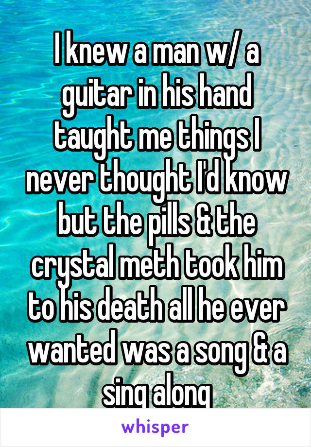 I knew a man w/ a guitar in his hand taught me things I never thought I'd know but the pills & the crystal meth took him to his death all he ever wanted was a song & a sing along