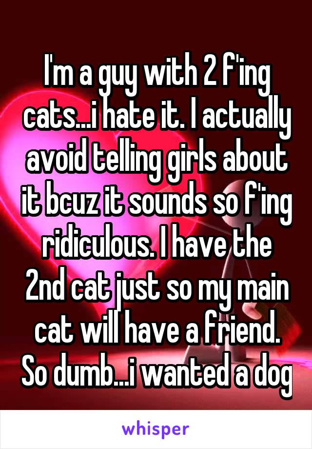 I'm a guy with 2 f'ing cats...i hate it. I actually avoid telling girls about it bcuz it sounds so f'ing ridiculous. I have the 2nd cat just so my main cat will have a friend. So dumb...i wanted a dog