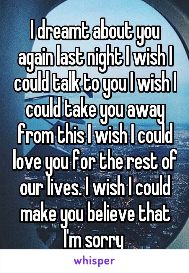 I dreamt about you again last night I wish I could talk to you I wish I could take you away from this I wish I could love you for the rest of our lives. I wish I could make you believe that I'm sorry 