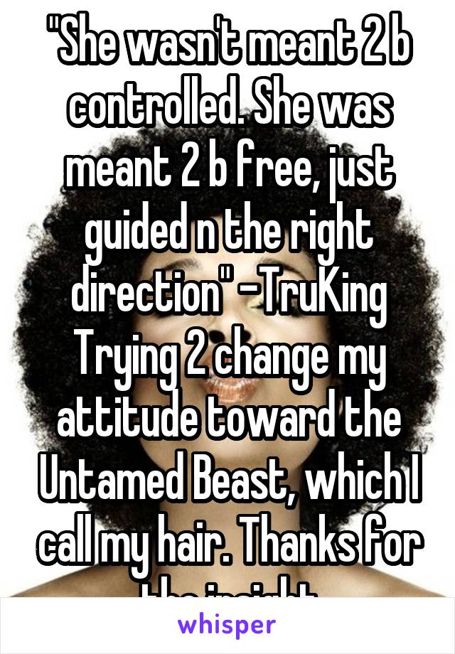 "She wasn't meant 2 b controlled. She was meant 2 b free, just guided n the right direction" -TruKing
Trying 2 change my attitude toward the Untamed Beast, which I call my hair. Thanks for the insight