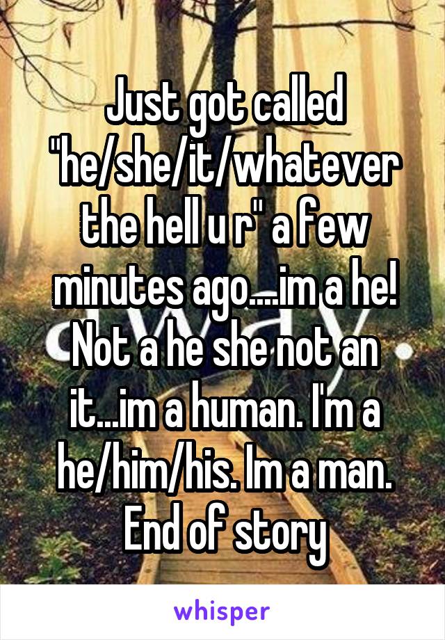 Just got called "he/she/it/whatever the hell u r" a few minutes ago....im a he! Not a he she not an it...im a human. I'm a he/him/his. Im a man. End of story