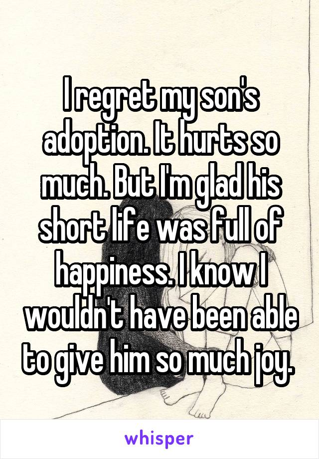 I regret my son's adoption. It hurts so much. But I'm glad his short life was full of happiness. I know I wouldn't have been able to give him so much joy. 