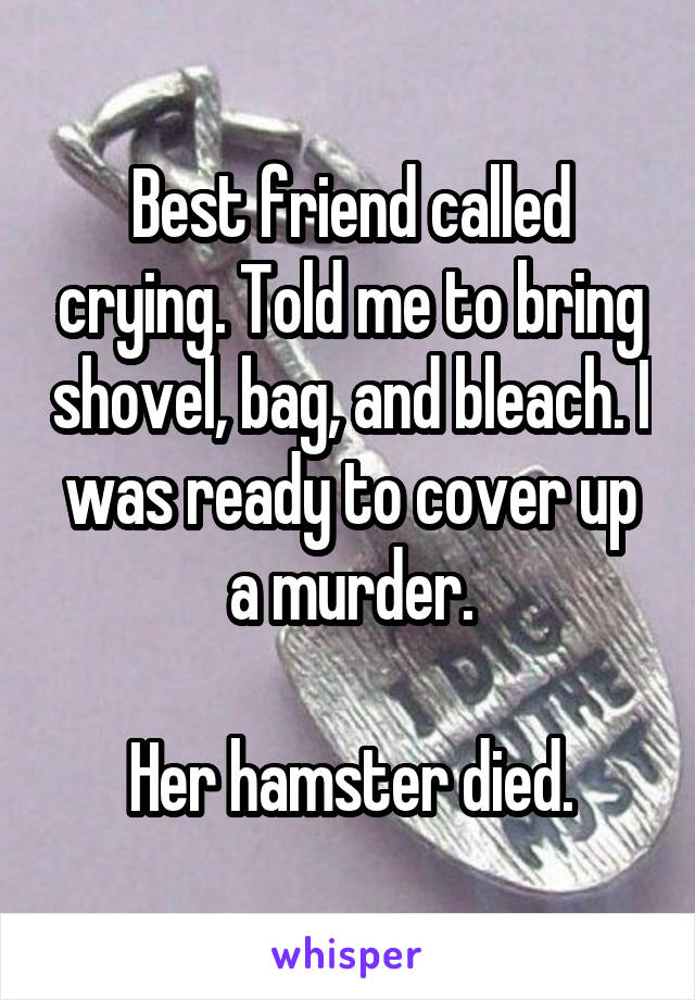 Best friend called crying. Told me to bring shovel, bag, and bleach. I was ready to cover up a murder.

Her hamster died.