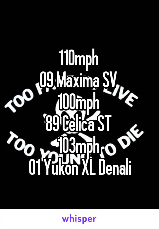 110mph 
09 Maxima SV 
100mph 
89 Celica ST 
103mph 
01 Yukon XL Denali