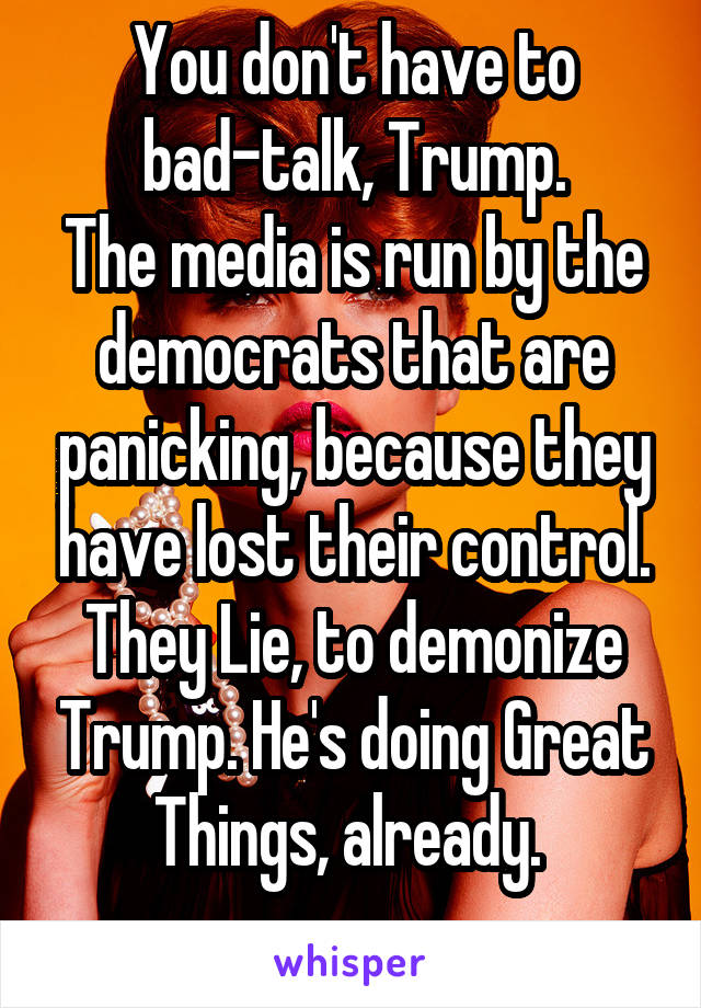 You don't have to
 bad-talk, Trump. 
The media is run by the democrats that are panicking, because they have lost their control. They Lie, to demonize Trump. He's doing Great Things, already. 
