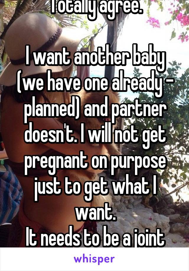 Totally agree.

I want another baby (we have one already - planned) and partner doesn't. I will not get pregnant on purpose just to get what I want.
It needs to be a joint decision