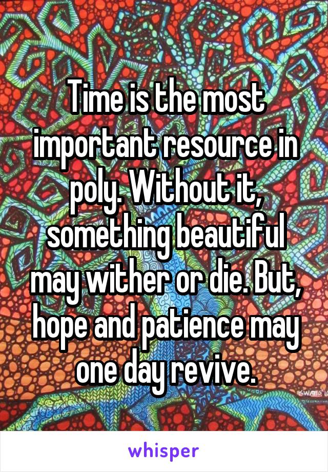 Time is the most important resource in poly. Without it, something beautiful may wither or die. But, hope and patience may one day revive.