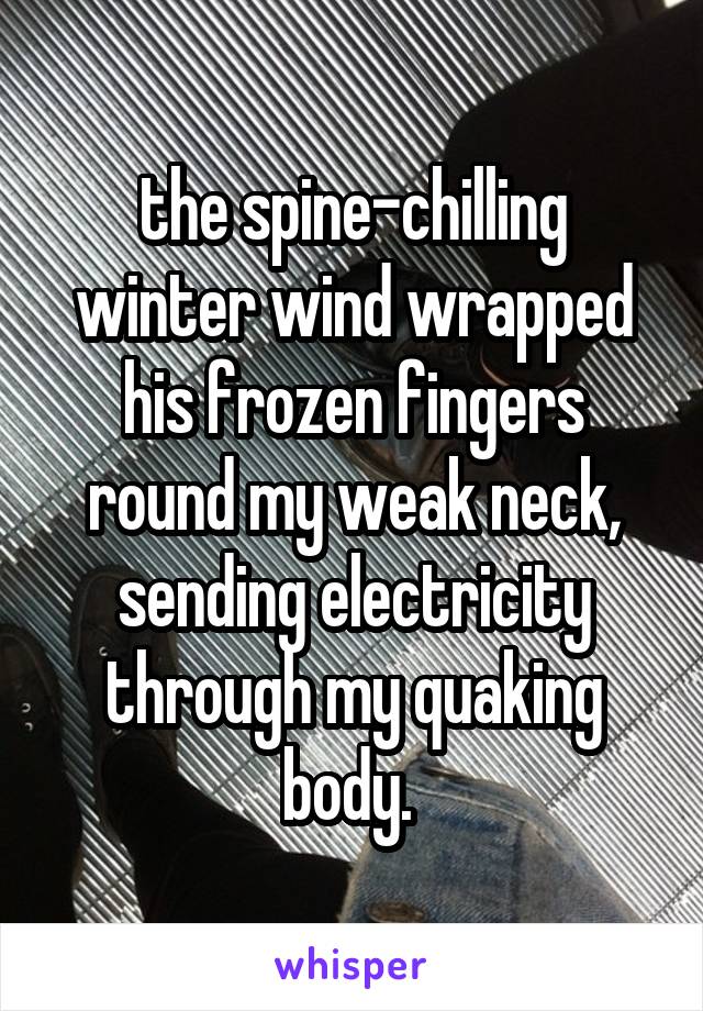 the spine-chilling winter wind wrapped his frozen fingers round my weak neck, sending electricity through my quaking body. 