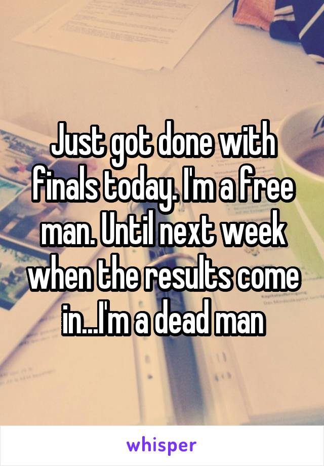 Just got done with finals today. I'm a free man. Until next week when the results come in...I'm a dead man