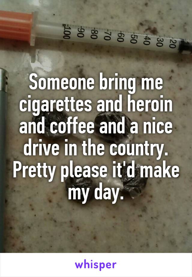 Someone bring me cigarettes and heroin and coffee and a nice drive in the country. Pretty please it'd make my day.